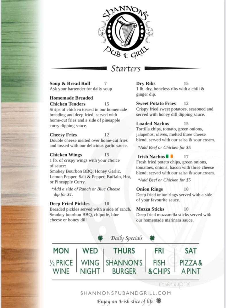Shannon's Irish Pub - Regina, SK menu_pic