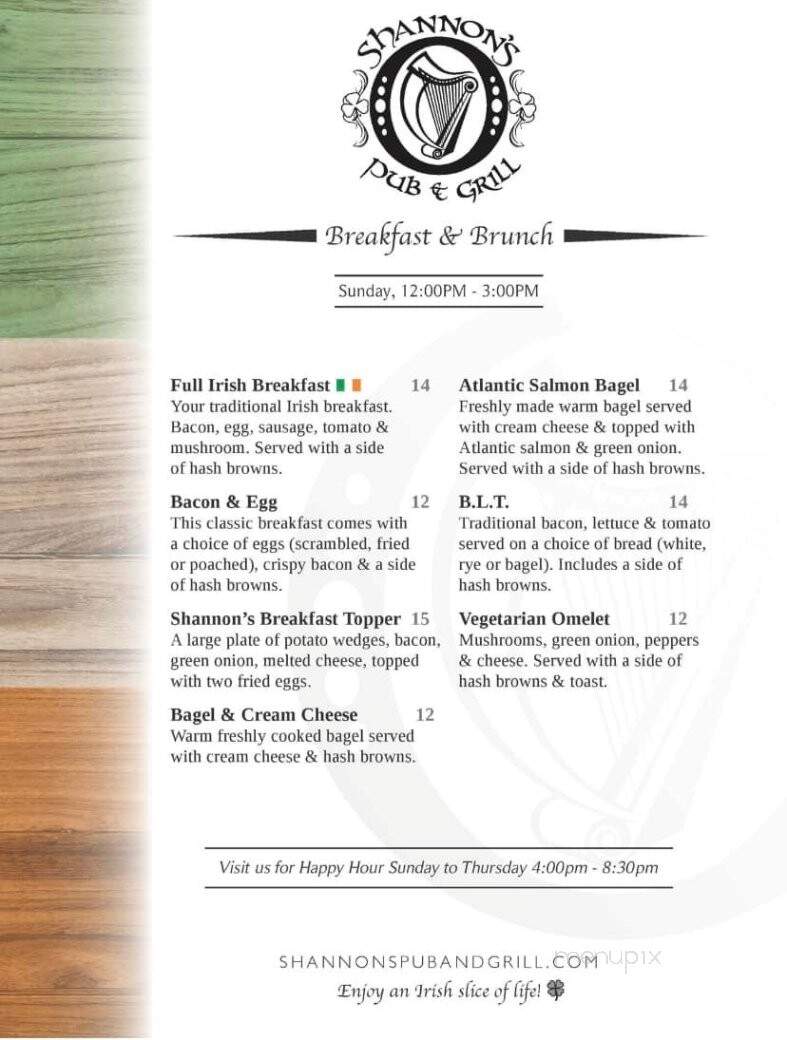 Shannon's Irish Pub - Regina, SK menu_pic