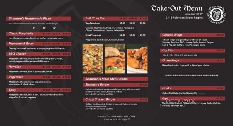 Shannon's Irish Pub - Regina, SK menu_pic