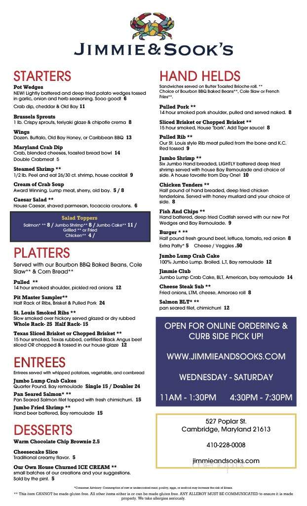 Jimmie & Sooks - Cambridge, MD menu_pic