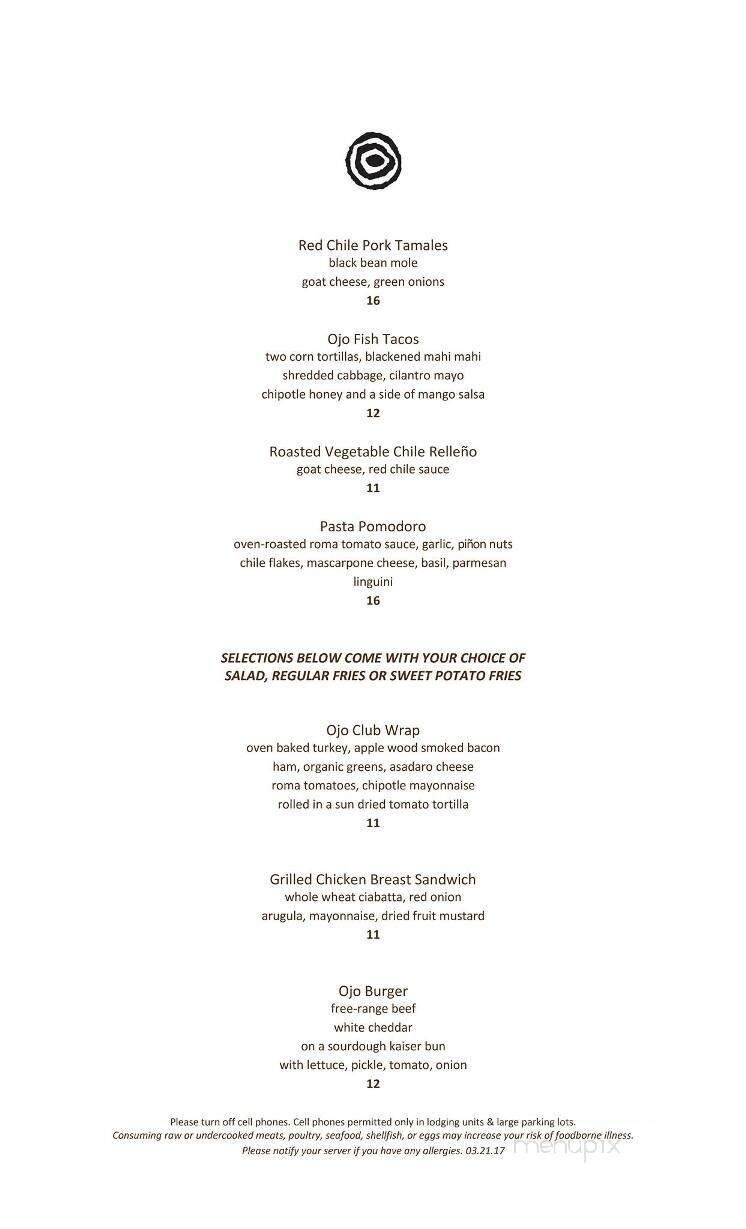 Artesian Restaurant - Ojo Caliente, NM menu_pic