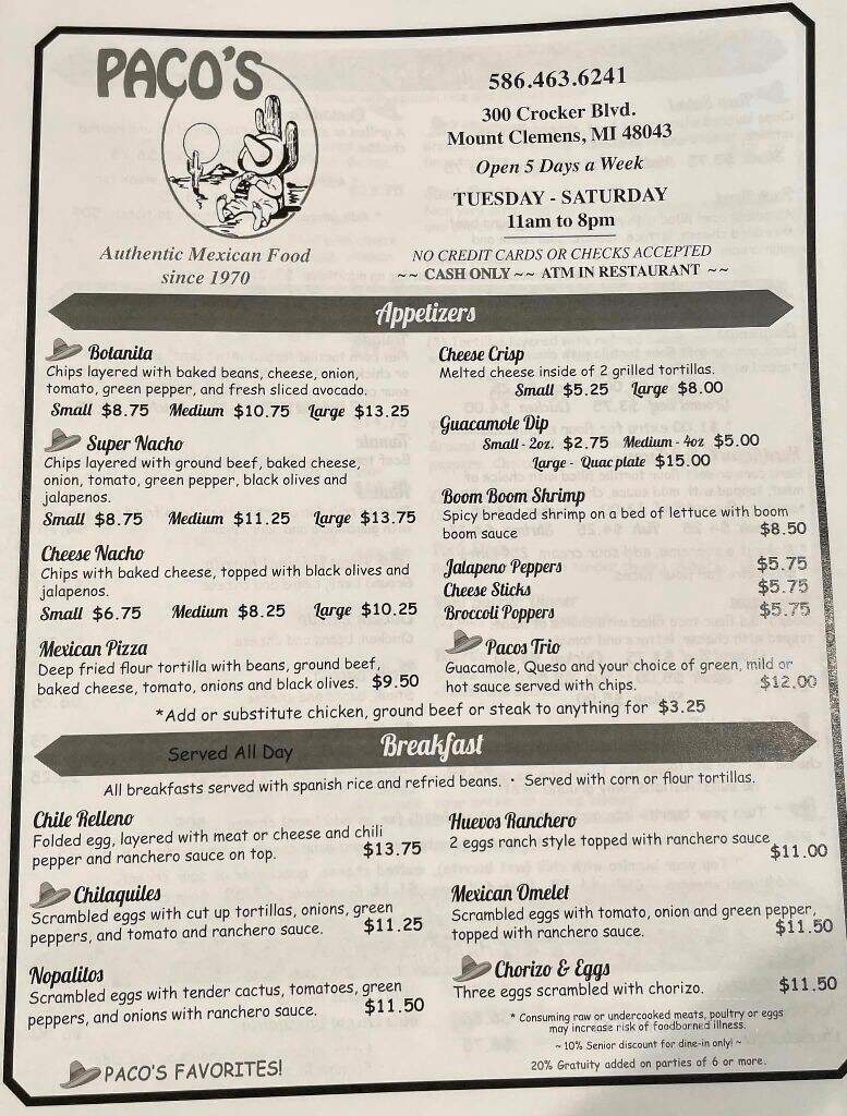 Paco's Mexican American Food - Mount Clemens, MI menu_pic