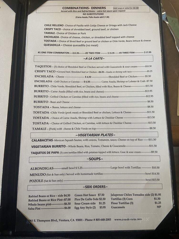 Casa De Soria - Ventura, CA menu_pic