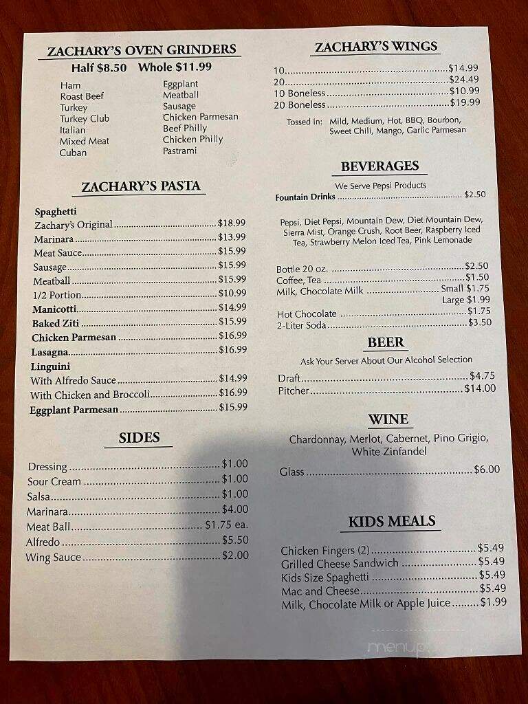 Zachary's Original - Plattsburgh, NY menu_pic