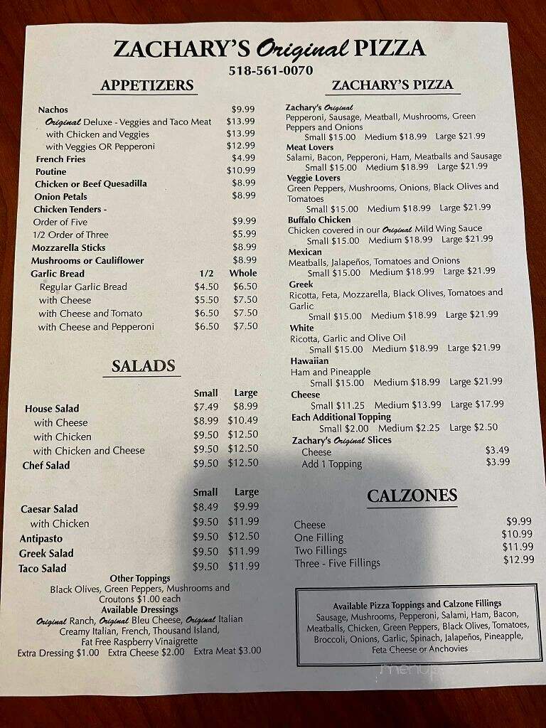 Zachary's Original - Plattsburgh, NY menu_pic