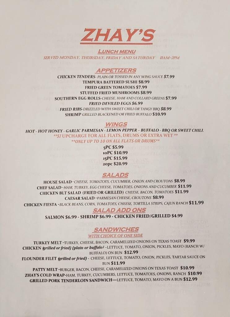 Zhay's Bar and Grill - Lincolnton, NC menu_pic