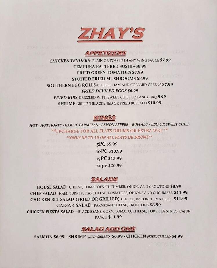 Zhay's Bar and Grill - Lincolnton, NC menu_pic