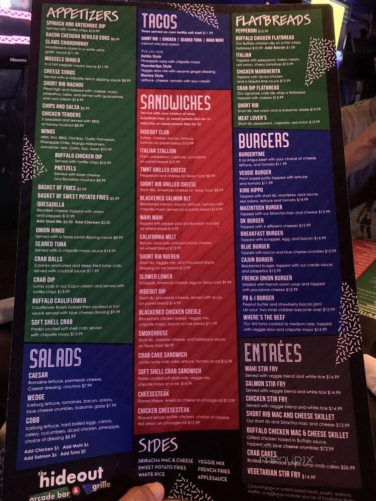 The Hideout Arcade Bar and Grill - Rehoboth Beach, DE menu_pic