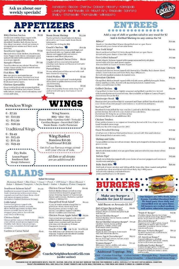 Coach's Neighborhood Grill - Shelby, NC menu_pic
