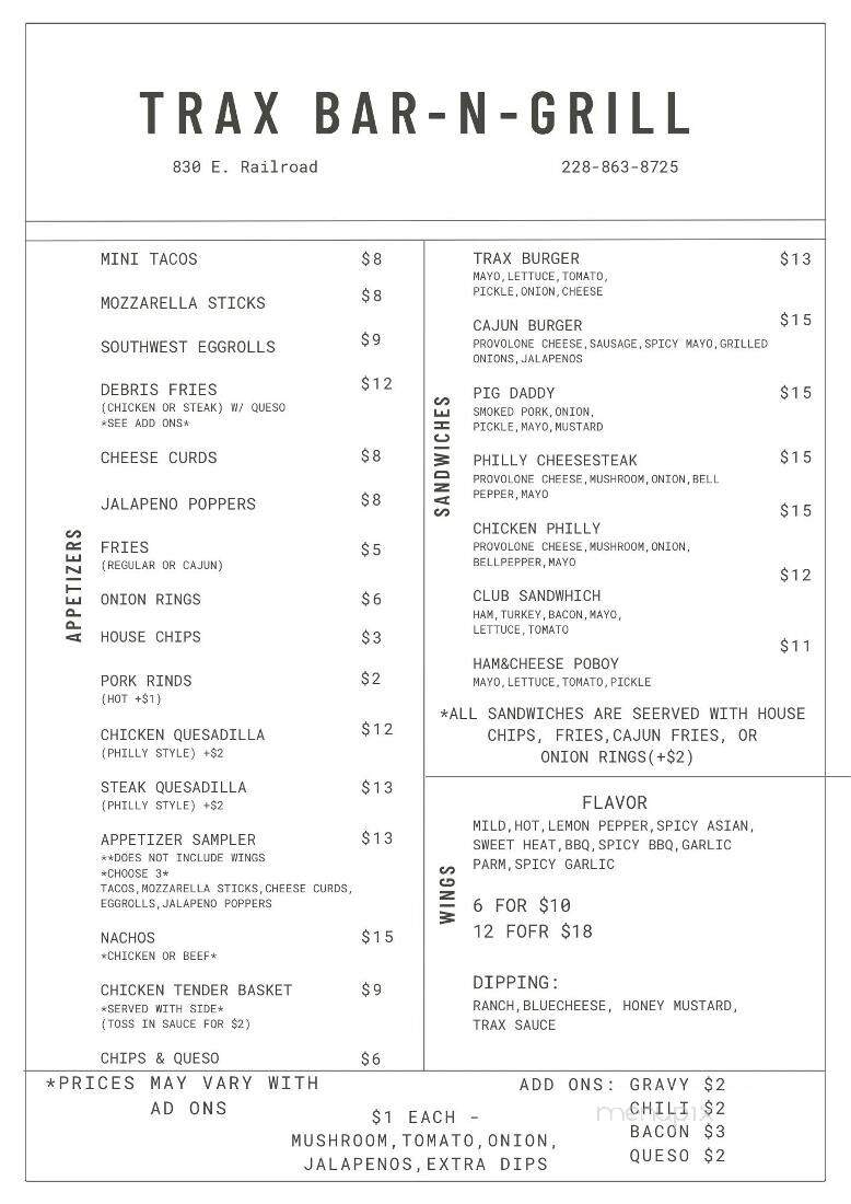 Trax - Long Beach, MS menu_pic