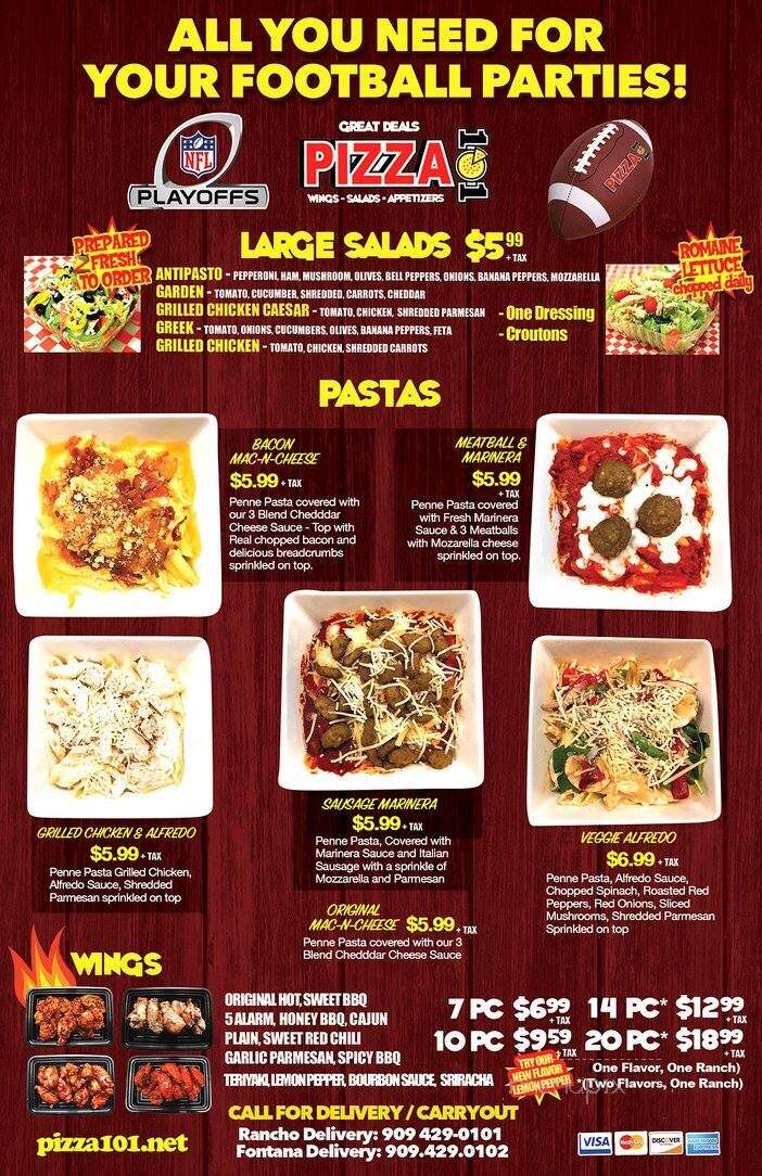 Menu of Pizza 101 in Fontana CA 92336