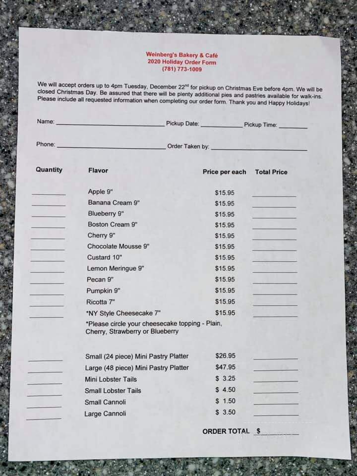 Weinberg's Bakery - Hull, MA menu_pic