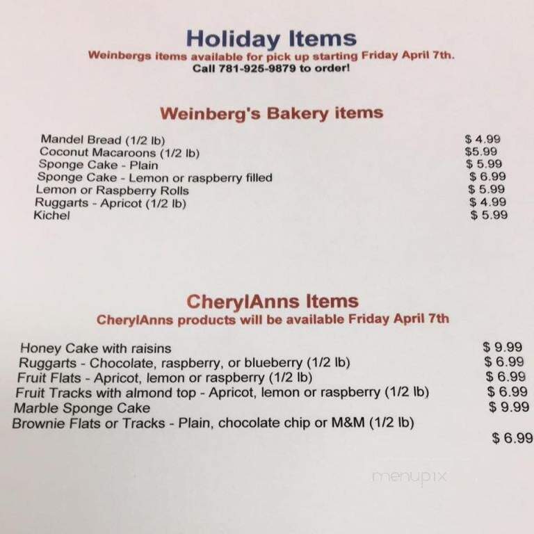 Weinberg's Bakery - Hull, MA menu_pic