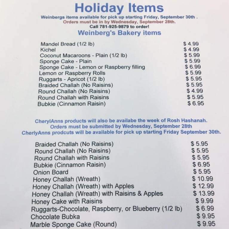 Weinberg's Bakery - Hull, MA menu_pic