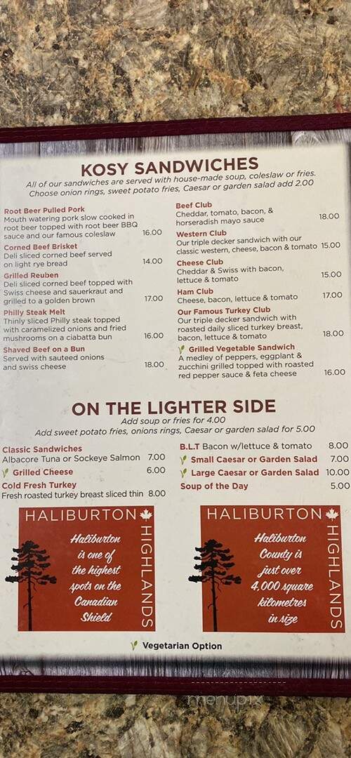 Kosy Korner - Haliburton, ON menu_pic