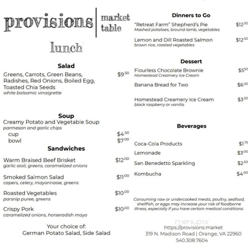 Provisions Market Table - Orange, VA menu_pic