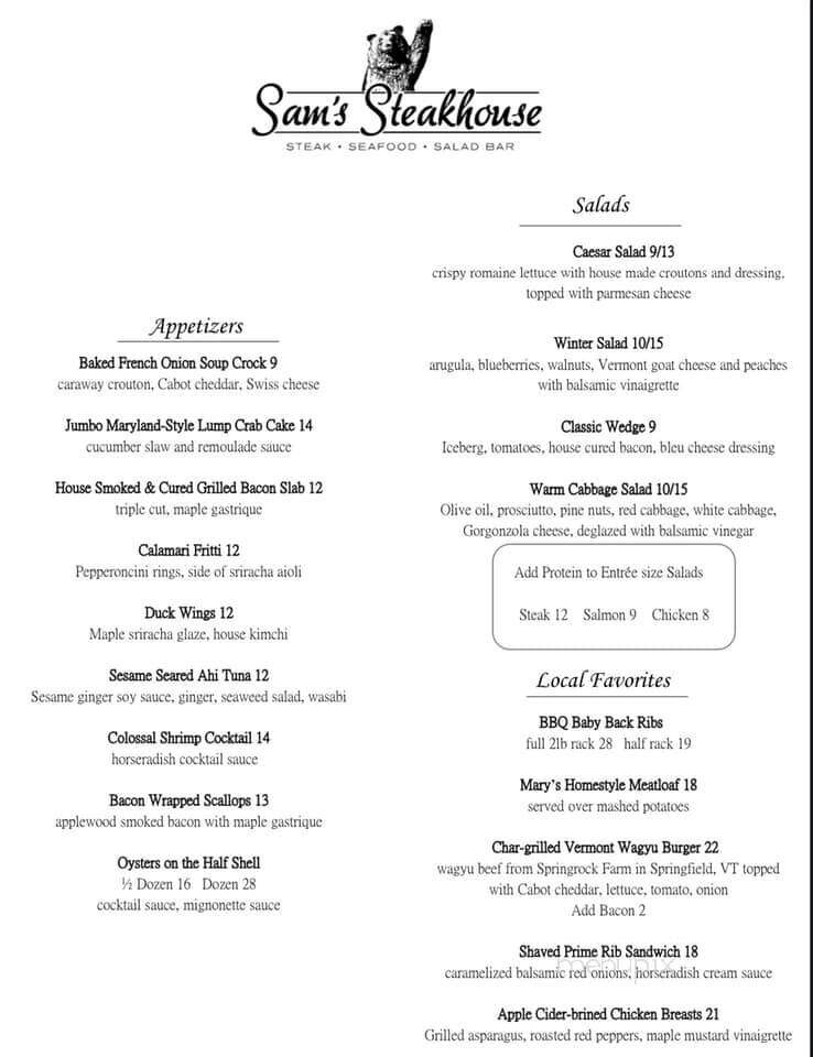 Sam's Steak House - Ludlow, VT menu_pic