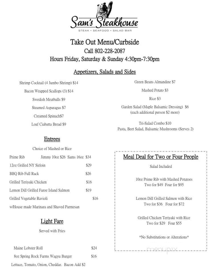 Sam's Steak House - Ludlow, VT menu_pic