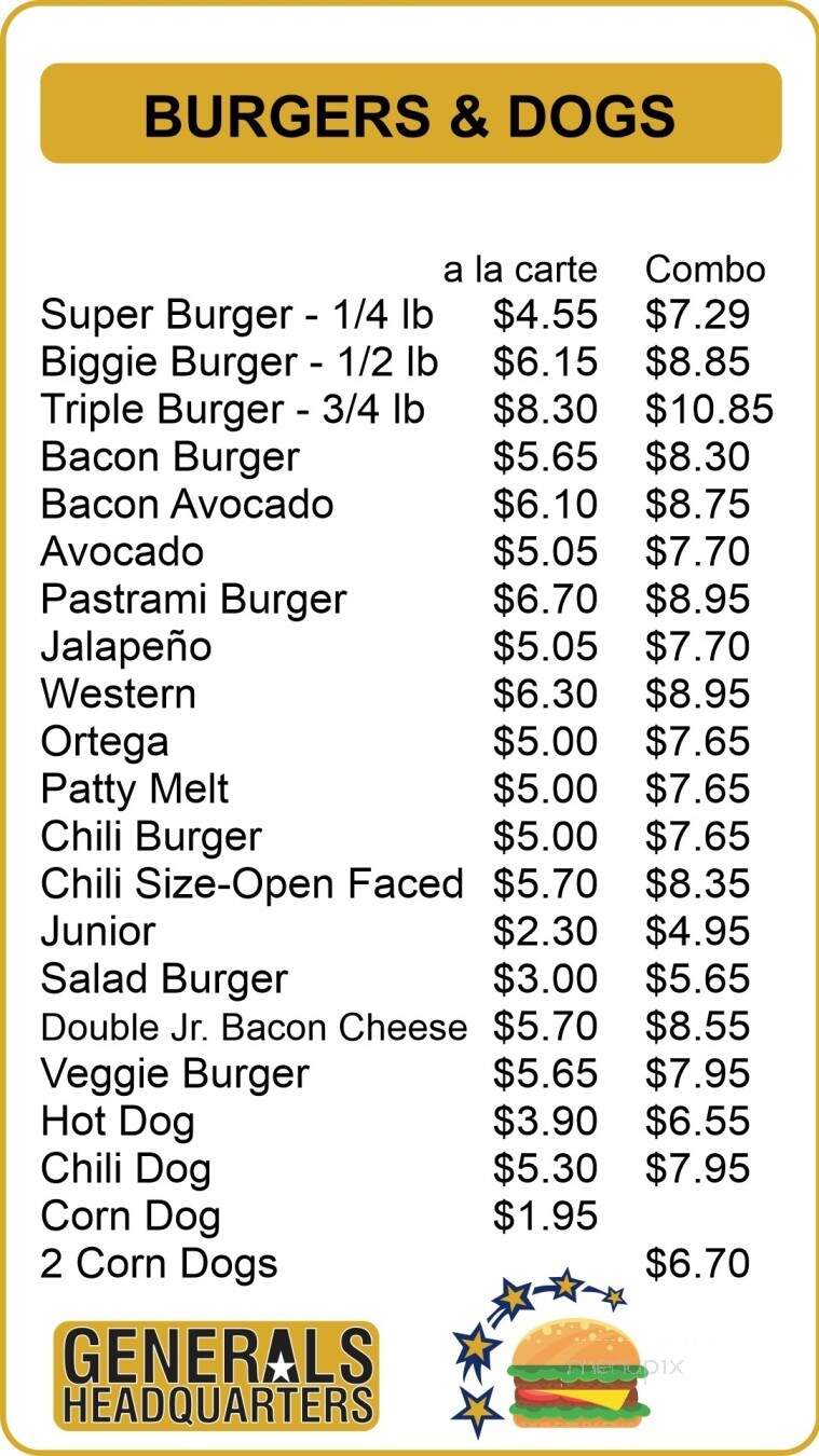 Generals Headquarters - Shafter, CA menu_pic