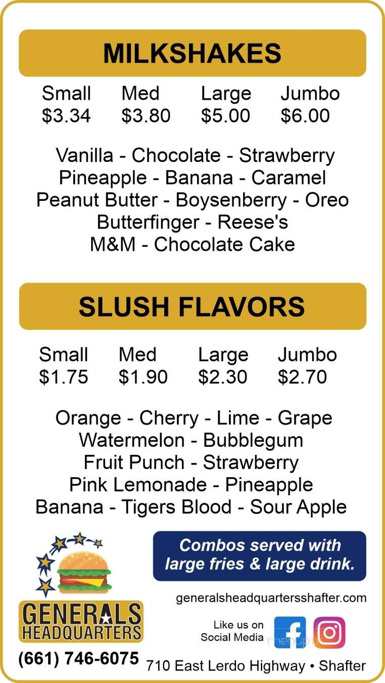 Generals Headquarters - Shafter, CA menu_pic