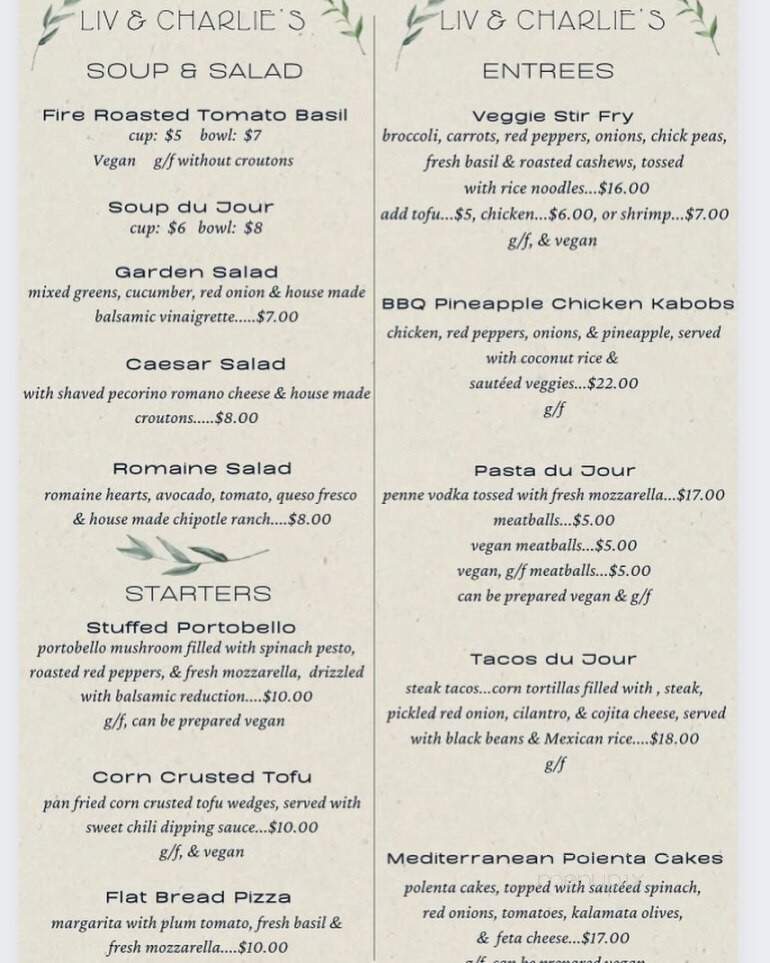 Liv & Charlie Real Food - Lambertville, NJ menu_pic