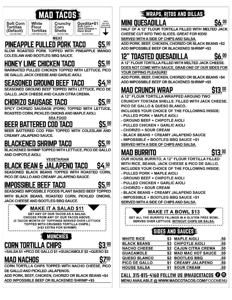 Mad Tacos - Cazenovia, NY menu_pic