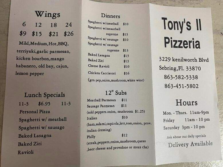 Tony's II Pizzeria - Sebring, FL