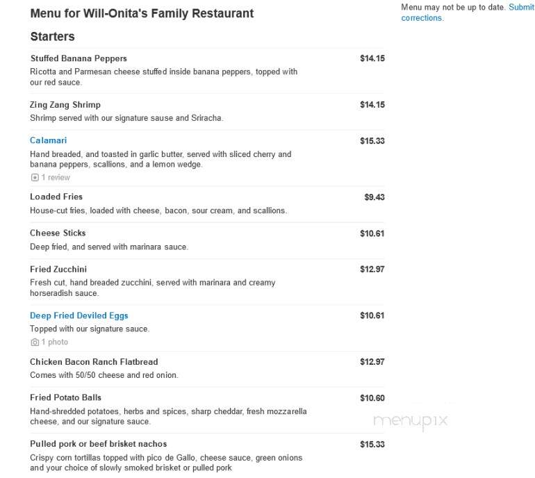 Will-Onita's Family Restaurant - Jeannette, PA menu_pic