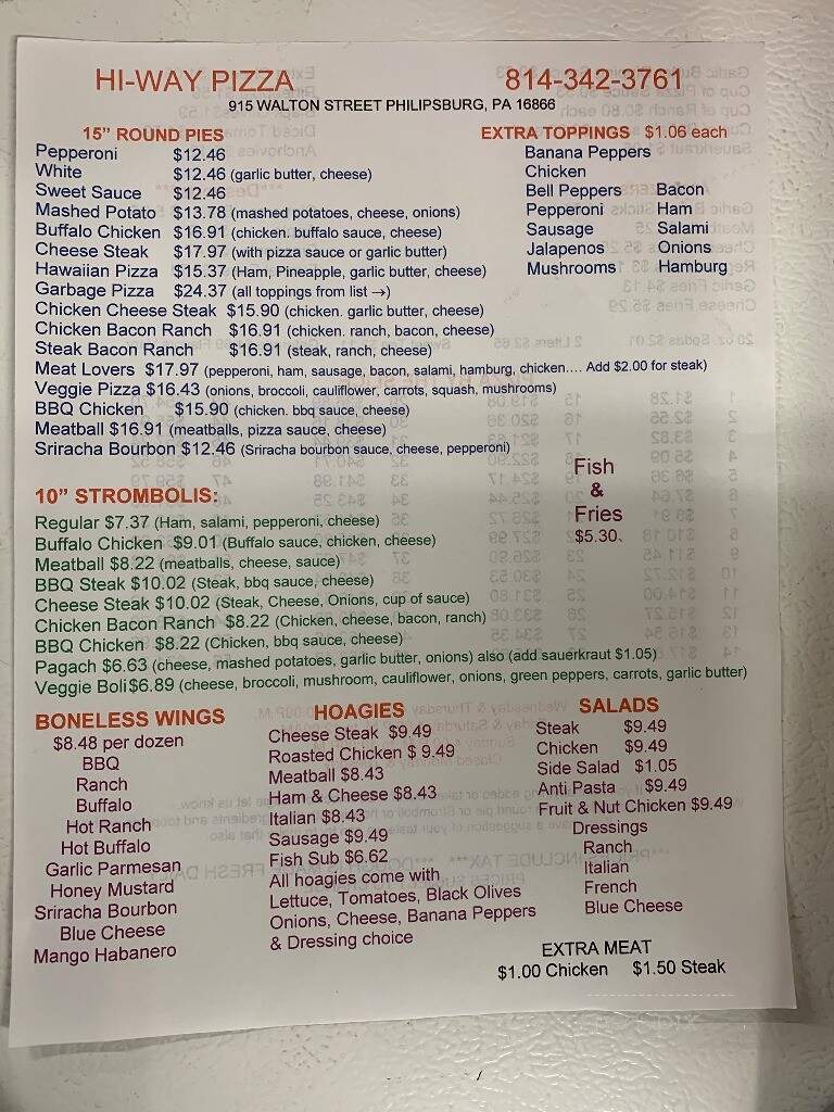 Hi-Way Pizza Shoppe - Philipsburg, PA menu_pic
