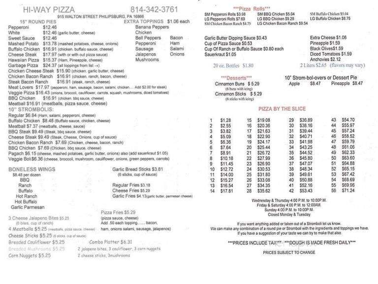 Hi-Way Pizza Shoppe - Philipsburg, PA menu_pic