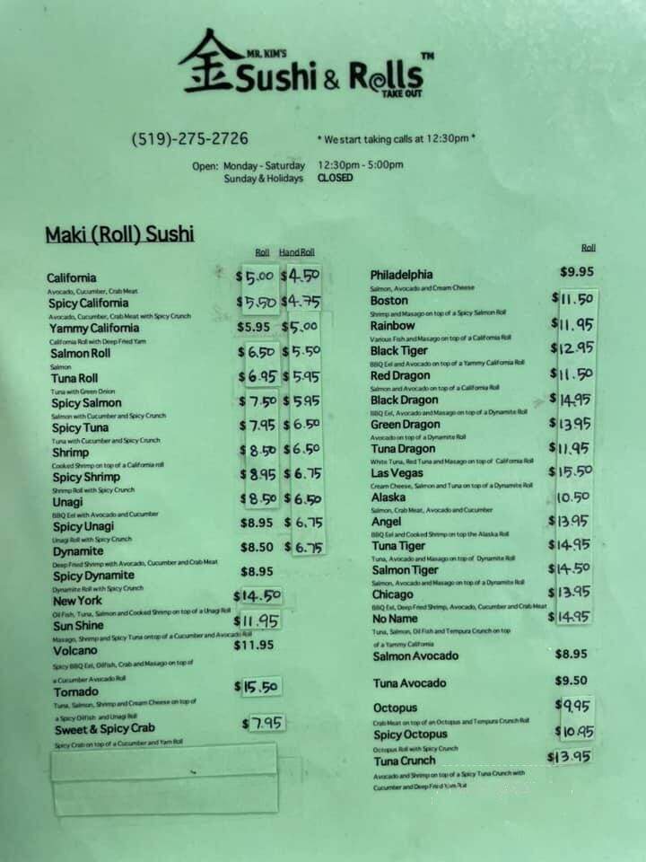 Mr. Kim's Sushi Rolls - Stratford, ON menu_pic