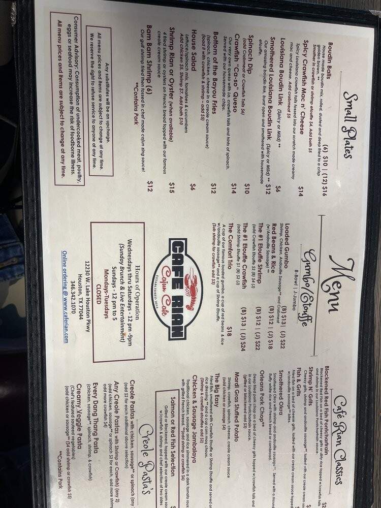 Cafe Rian Cajun Cafe - Humble, TX menu_pic