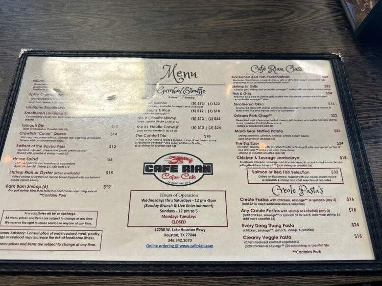 Cafe Rian Cajun Cafe - Humble, TX menu_pic