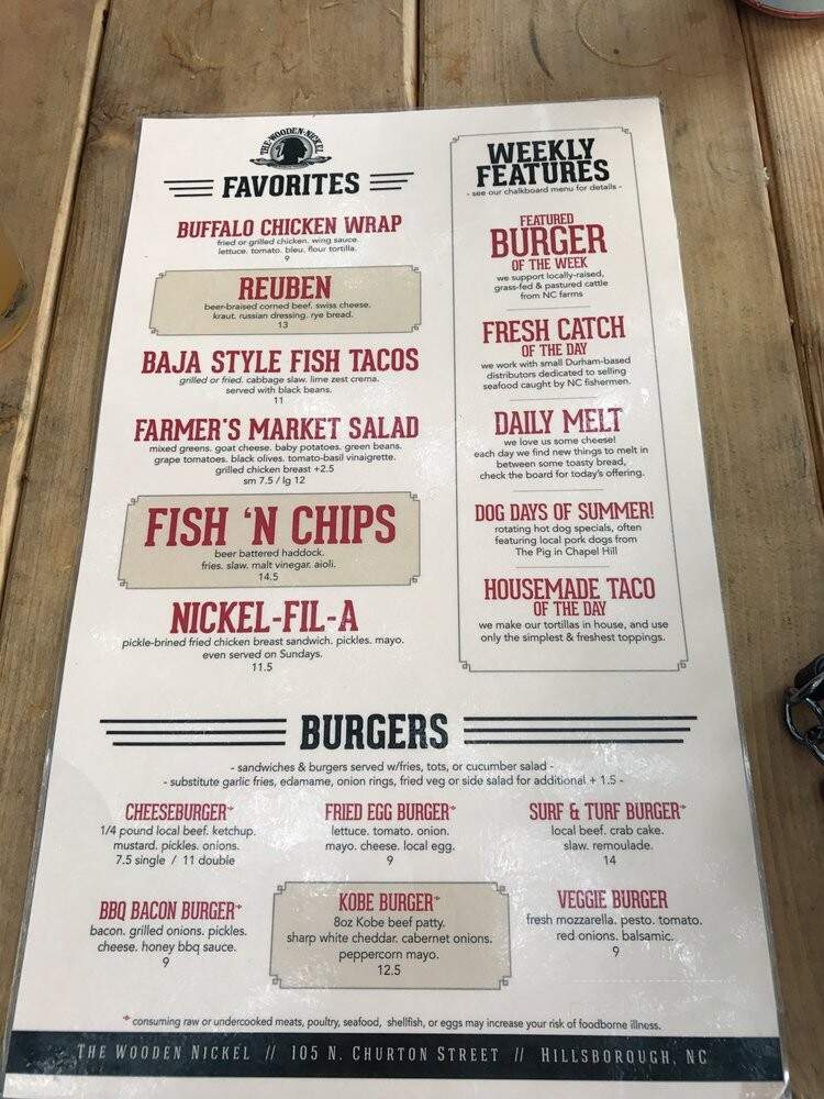 Wooden Nickel Pub - Hillsborough, NC menu_pic