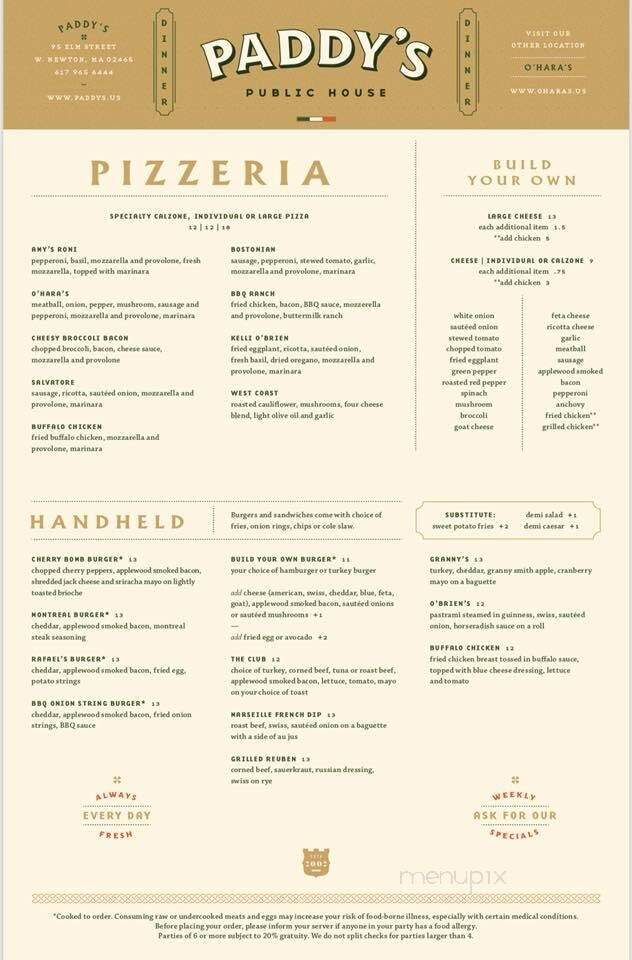 Paddy's Public House - Newton, MA menu_pic
