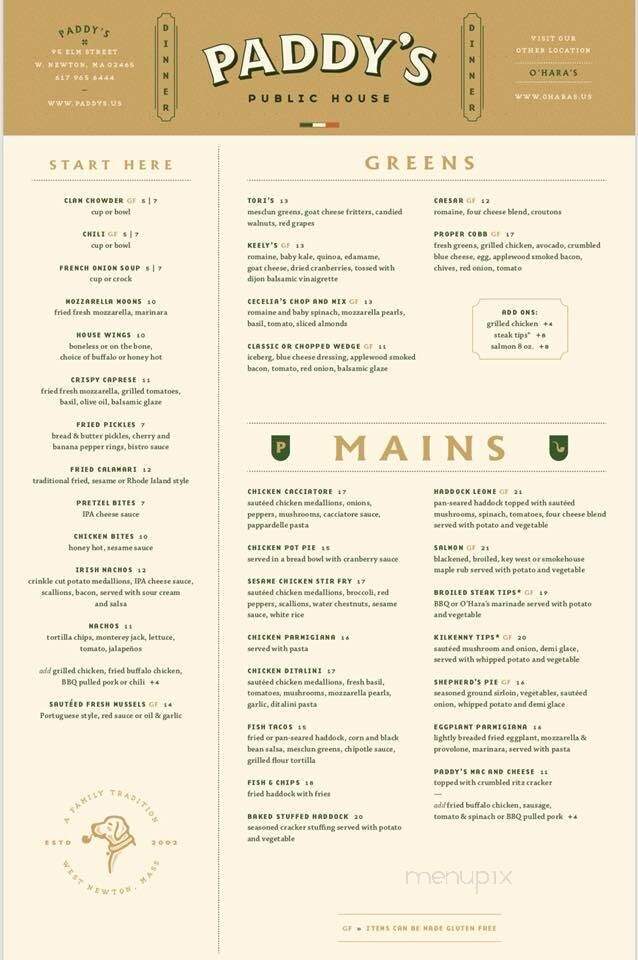 Paddy's Public House - Newton, MA menu_pic