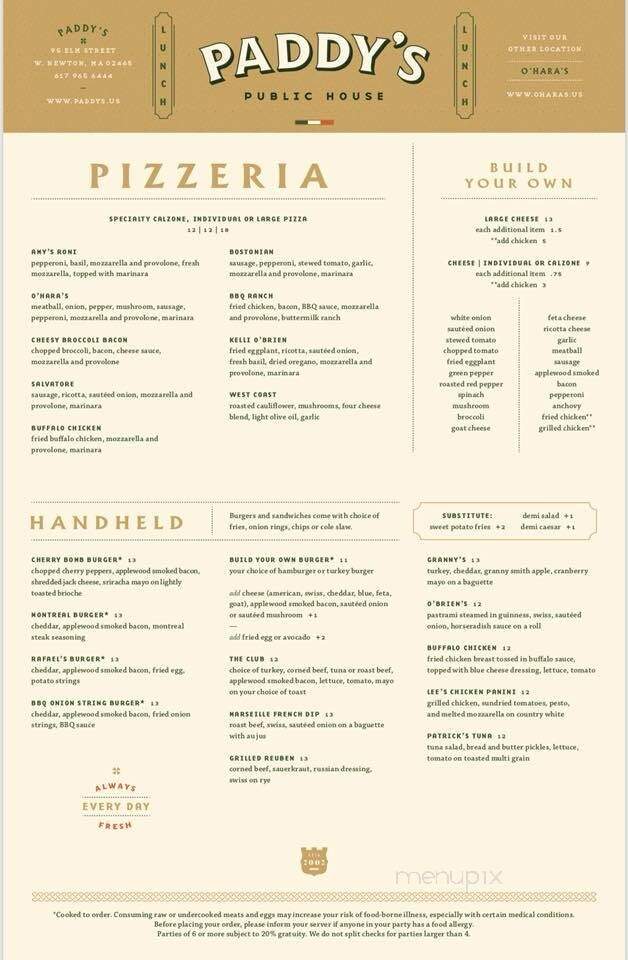 Paddy's Public House - Newton, MA menu_pic