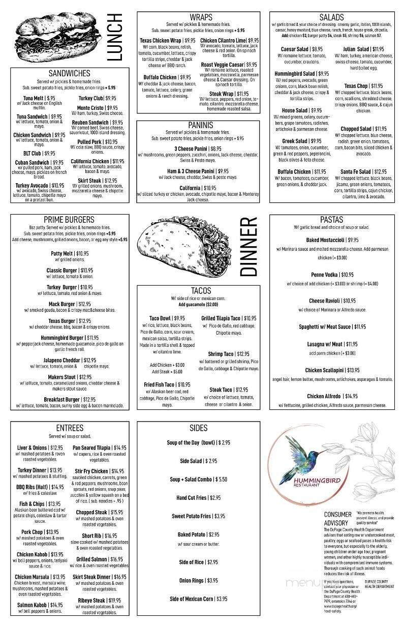 Hummingbird Restaurant - Winfield, IL menu_pic