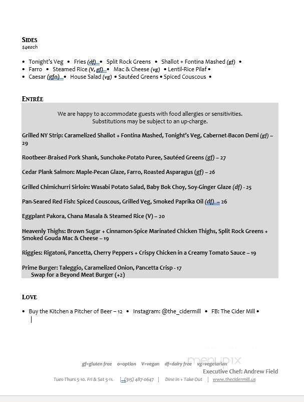 The Cider Mill - Syracuse, NY menu_pic
