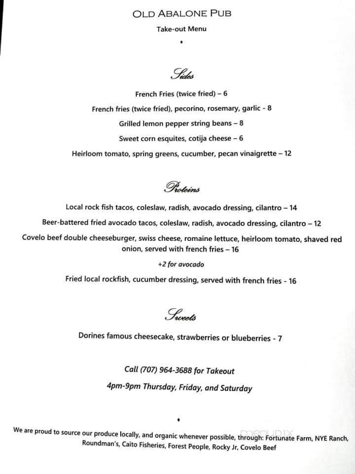 Old Abalone Pub - Westport, CA menu_pic