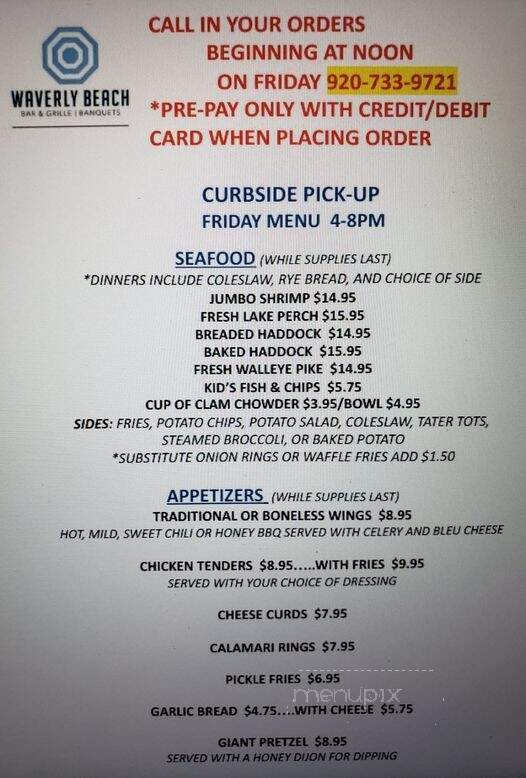 Waverly Beach - Menasha, WI menu_pic