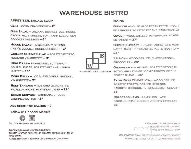 Warehouse Bistro - Opelika, AL menu_pic