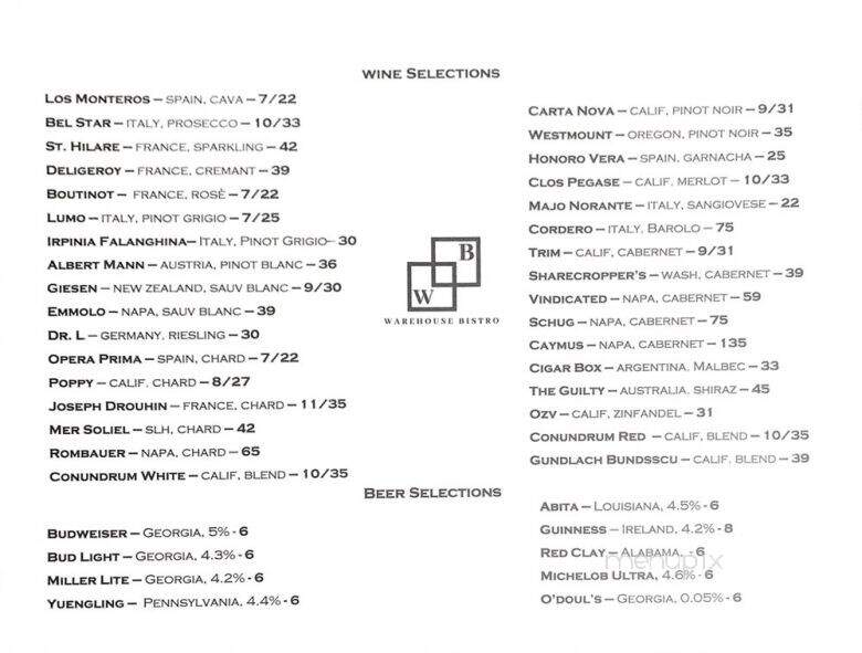 Warehouse Bistro - Opelika, AL menu_pic