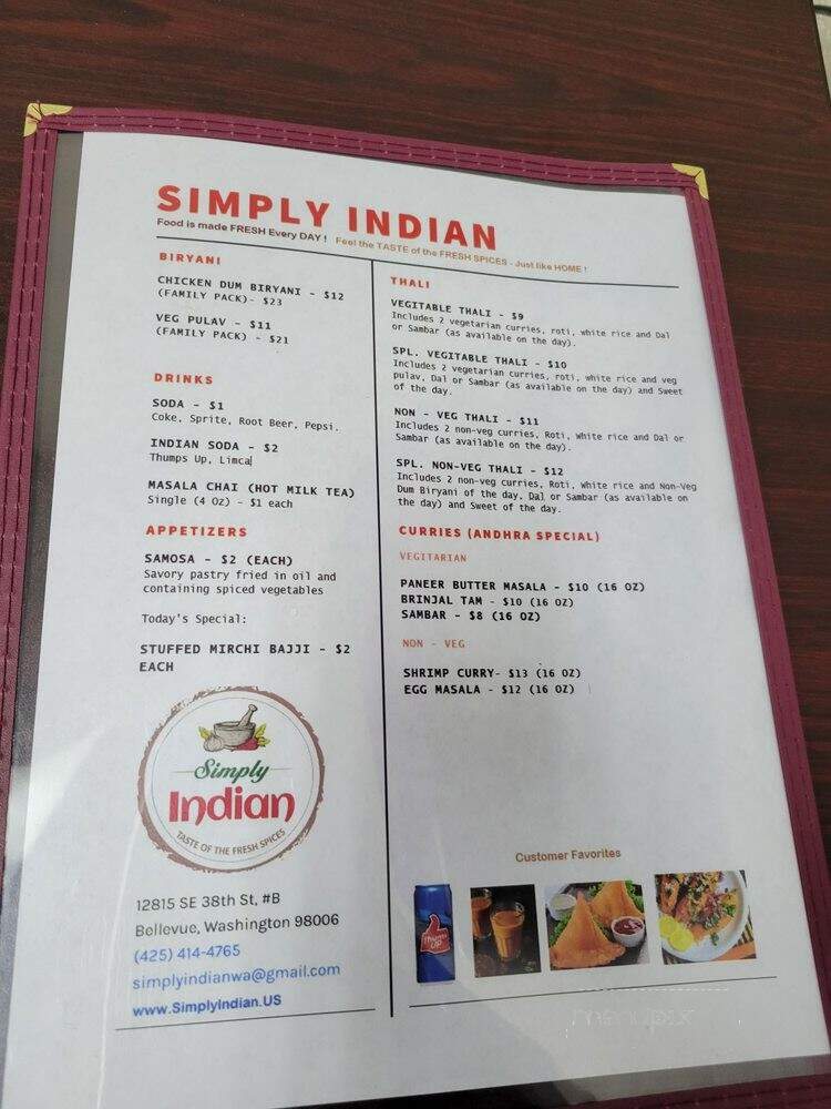 Simply Indian Restaurant - Bellevue, WA menu_pic