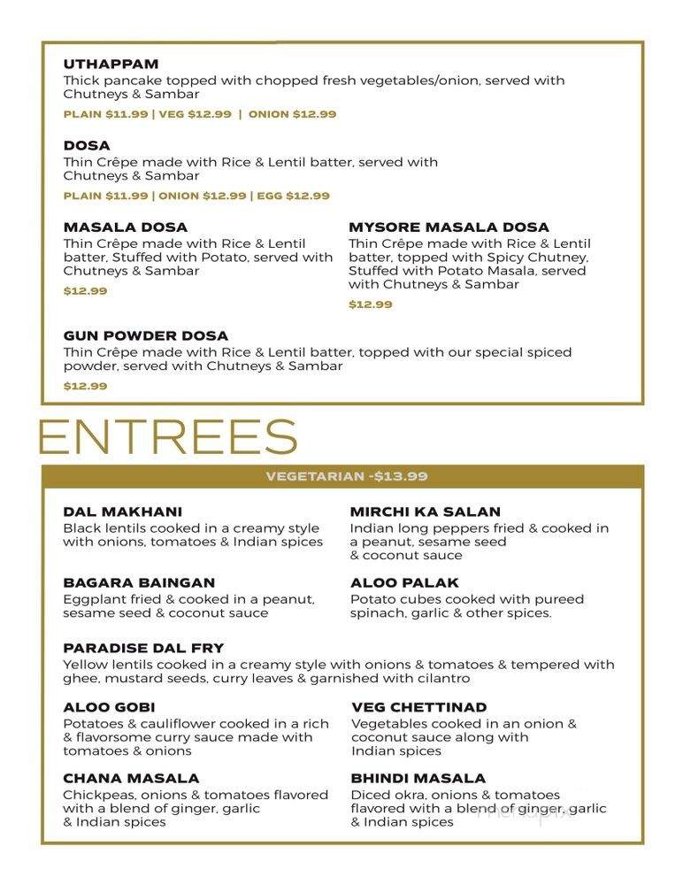 Paradise Indian Cuisine - Aurora, OH menu_pic