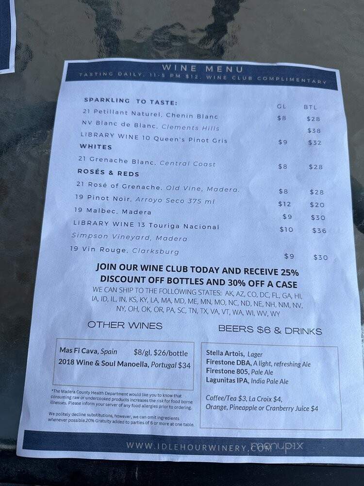 Idle Hour Winery - Oakhurst, CA menu_pic
