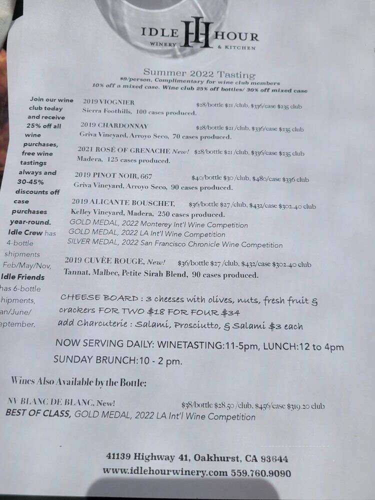 Idle Hour Winery - Oakhurst, CA menu_pic