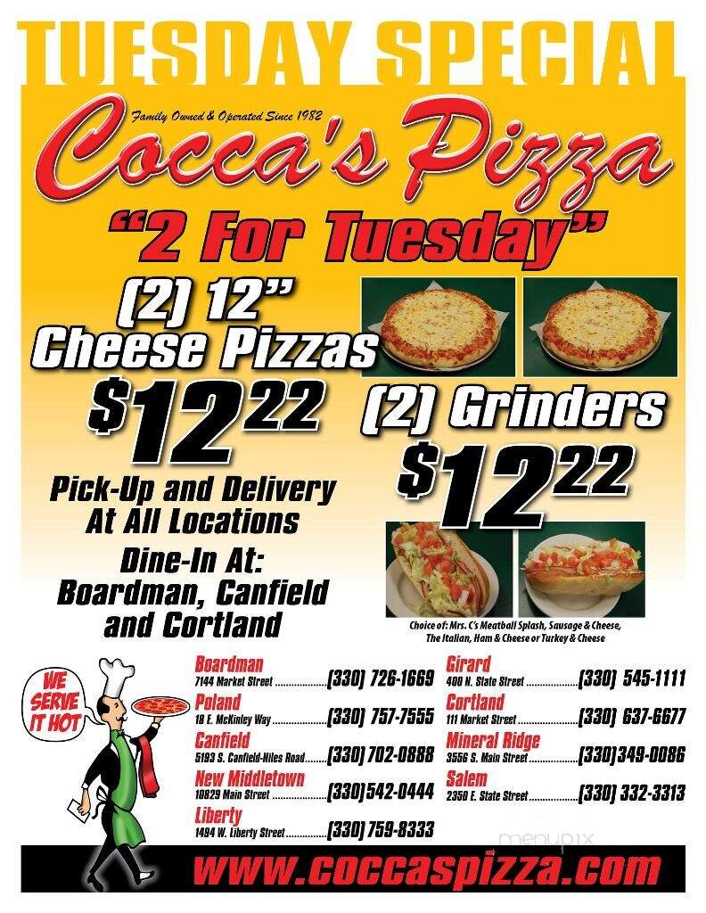 Online Menu of Cocca's Pizza, Girard, OH