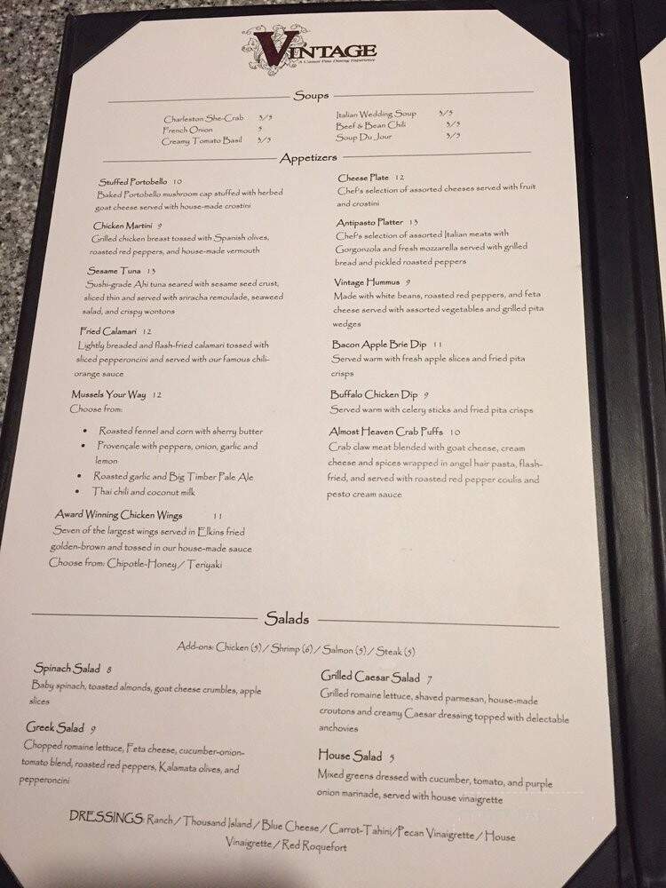 Vintage Restaurant and Wine Bar - Elkins, WV menu_pic