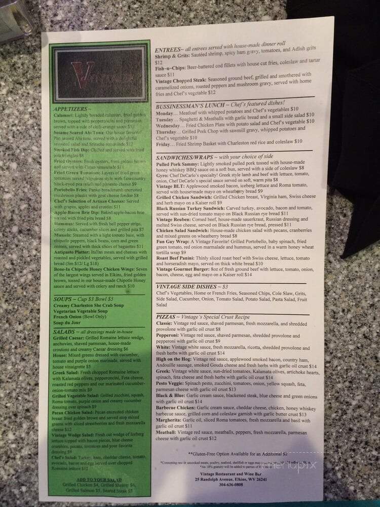 Vintage Restaurant and Wine Bar - Elkins, WV menu_pic